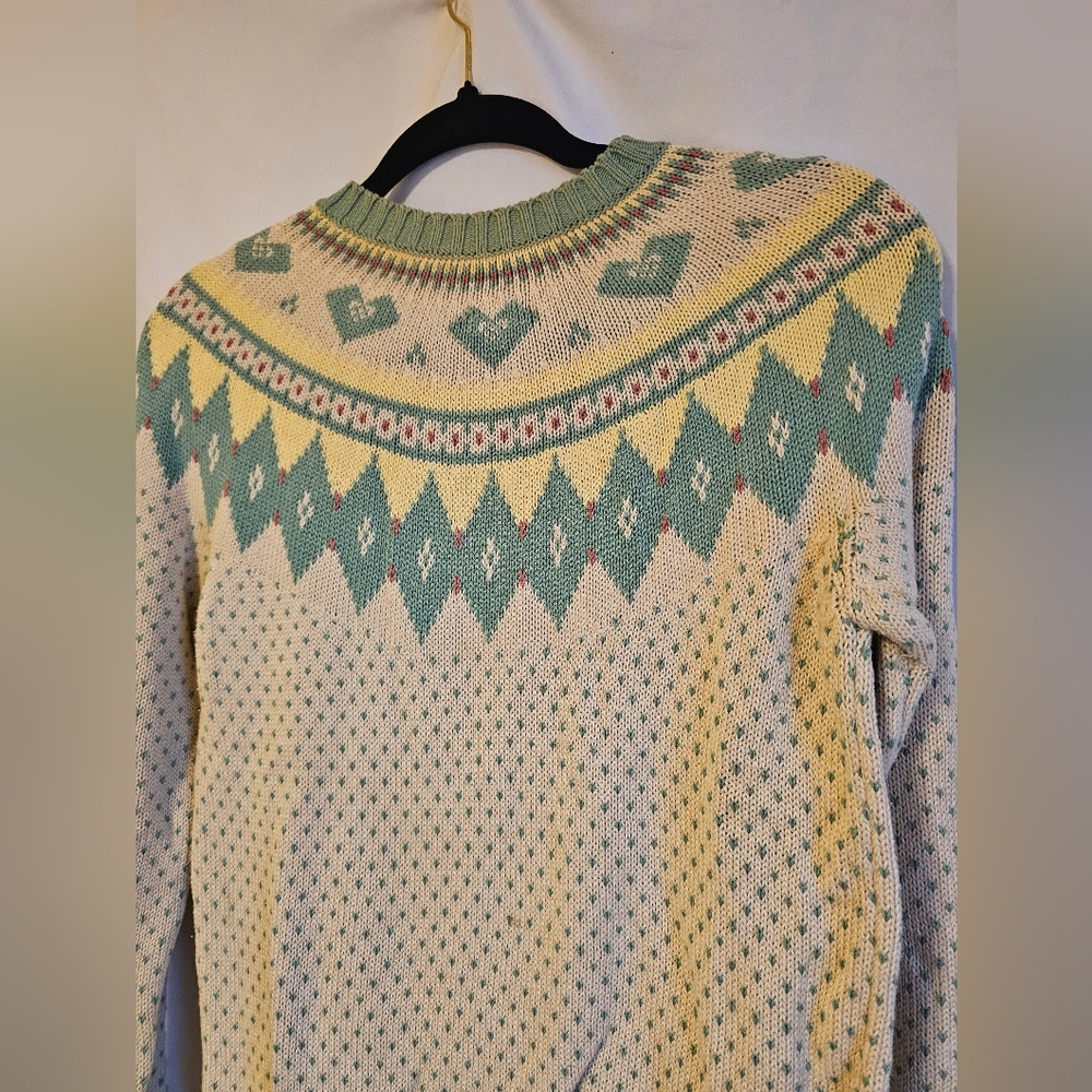 Vintage Lands' End Green and Yellow Knit Sweater Medium
